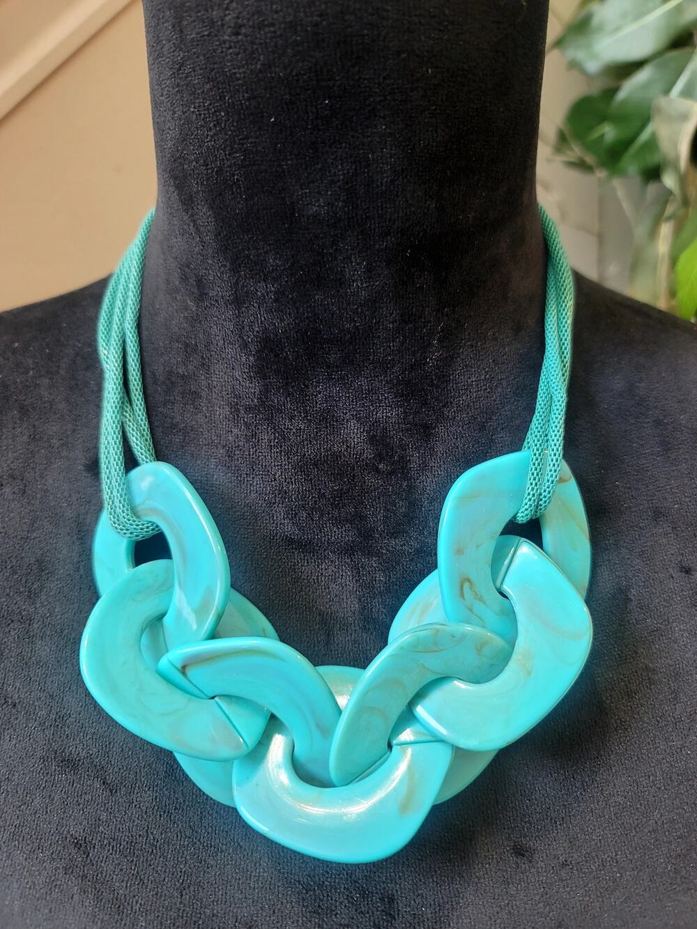 Turquoise Resin Link Necklace & Earrings Set Chunky Statement Modern Boho Chic